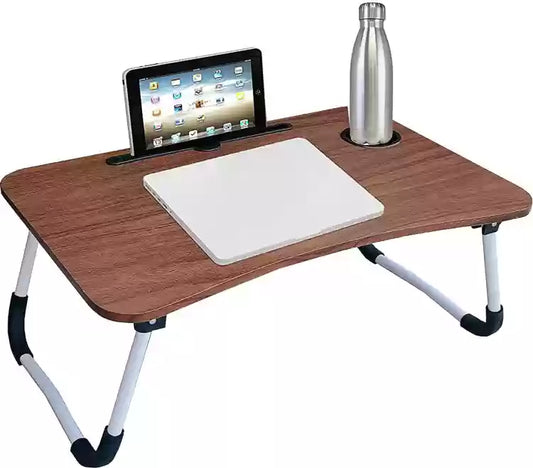 Laptop Table | Brown Color | Foldable Legs, Tablet Groove & Cup Slot